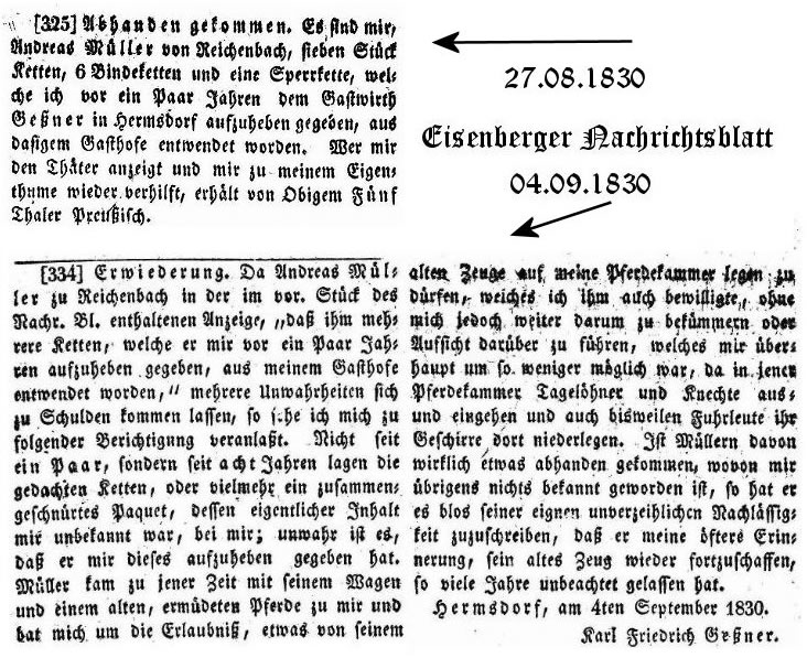 Zeitungsausschnitte aus dem Jahr 1830